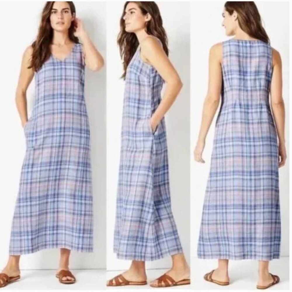 J. Jill Sleeveless Blue & Pink Plaid Midi Dress